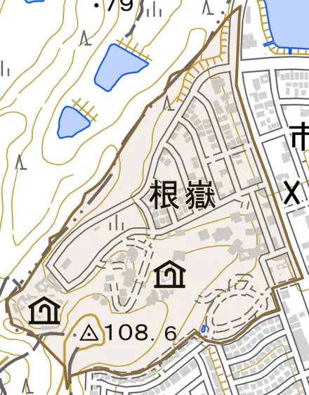 根嶽とその周辺の地図。町の範囲を重ねている