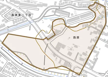 西原とその周辺の地図。町の範囲を重ねている