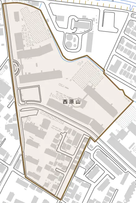 西原山とその周辺の地図。町の範囲を重ねている