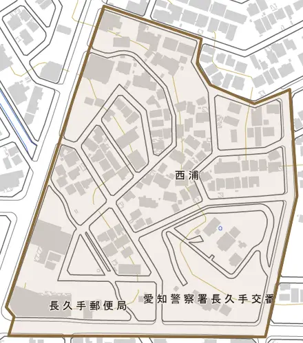 西浦とその周辺の地図。町の範囲を重ねている