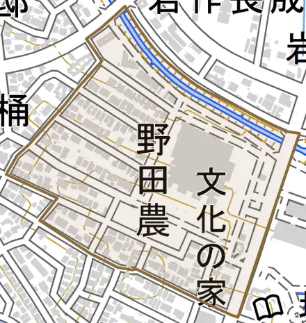 野田農とその周辺の地図。町の範囲を重ねている
