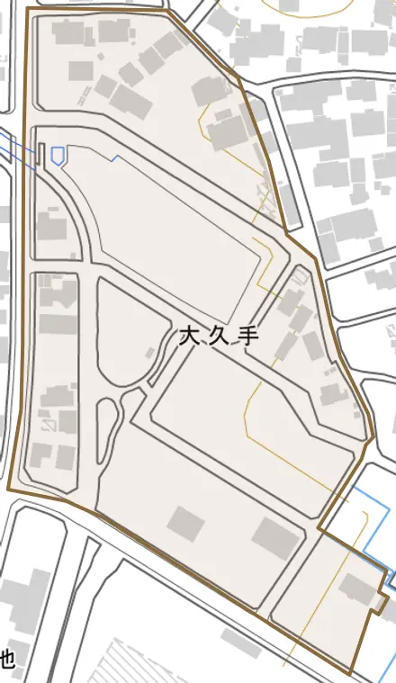 大久手とその周辺の地図。町の範囲を重ねている