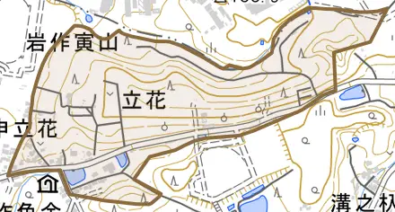 立花とその周辺の地図。町の範囲を重ねている