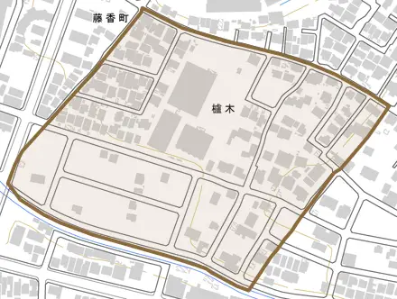 櫨木とその周辺の地図。町の範囲を重ねている