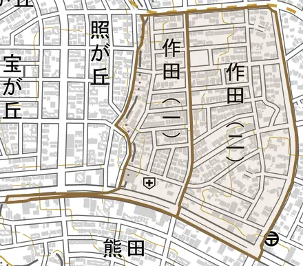 作田とその周辺の地図。町の範囲を重ねている