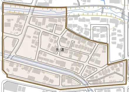 先達とその周辺の地図。町の範囲を重ねている