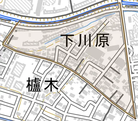 下川原とその周辺の地図。町の範囲を重ねている