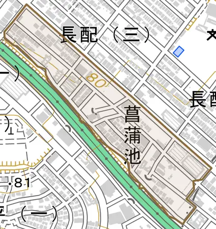 菖蒲池とその周辺の地図。町の範囲を重ねている