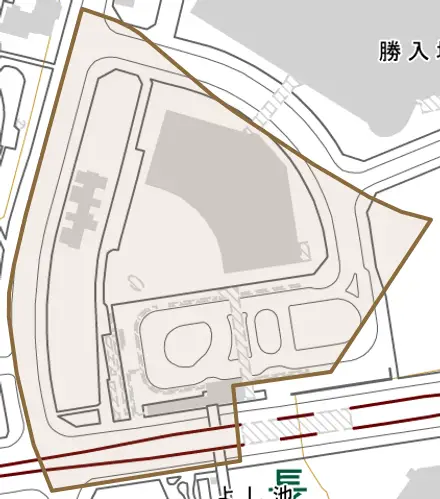 勝入塚とその周辺の地図。町の範囲を重ねている