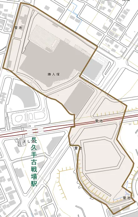 菅池とその周辺の地図。町の範囲を重ねている