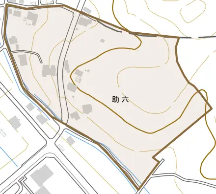 助六とその周辺の地図。町の範囲を重ねている