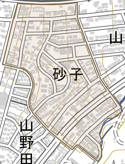 砂子とその周辺の地図。町の範囲を重ねている