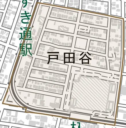 戸田谷とその周辺の地図。町の範囲を重ねている
