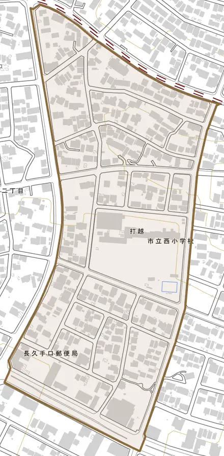 打越とその周辺の地図。町の範囲を重ねている