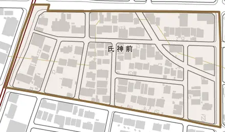 氏神前とその周辺の地図。町の範囲を重ねている