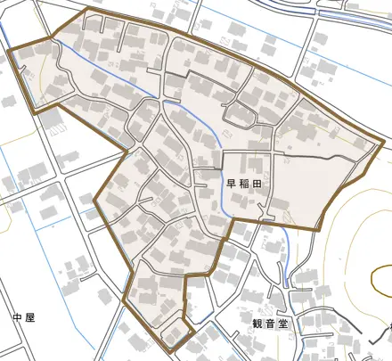 早稲田とその周辺の地図。町の範囲を重ねている