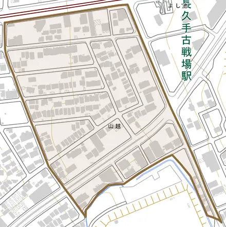 山越とその周辺の地図。町の範囲を重ねている