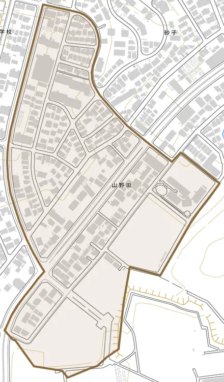 山野田とその周辺の地図。町の範囲を重ねている