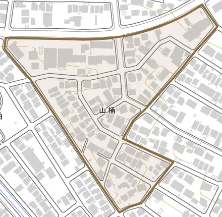 山桶とその周辺の地図。町の範囲を重ねている