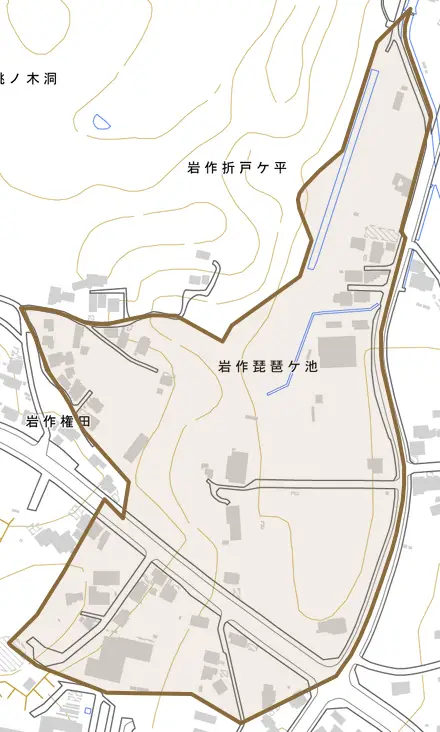 岩作琵琶ケ池とその周辺の地図。町の範囲を重ねている