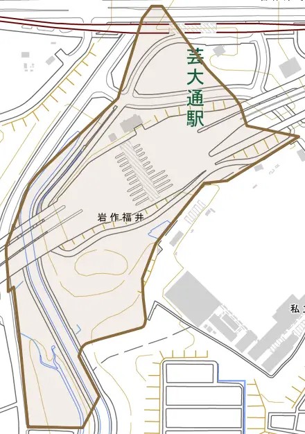 岩作福井とその周辺の地図。町の範囲を重ねている