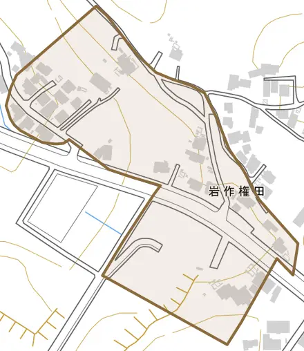 岩作権田とその周辺の地図。町の範囲を重ねている