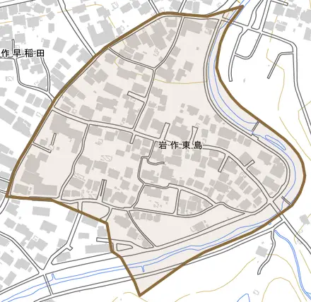 岩作東島とその周辺の地図。町の範囲を重ねている