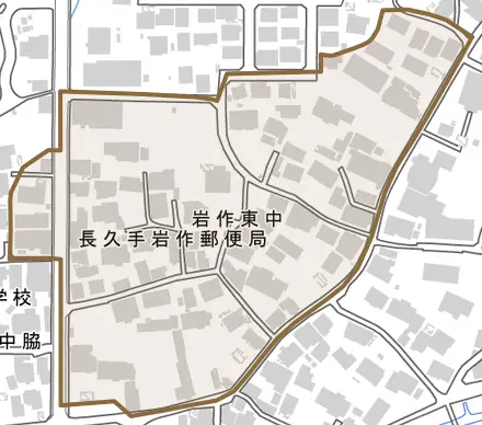 岩作東中とその周辺の地図。町の範囲を重ねている