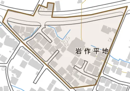 岩作平地とその周辺の地図。町の範囲を重ねている