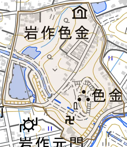 岩作色金とその周辺の地図。町の範囲を重ねている