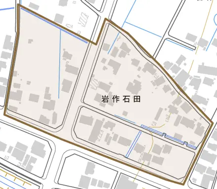 岩作石田とその周辺の地図。町の範囲を重ねている
