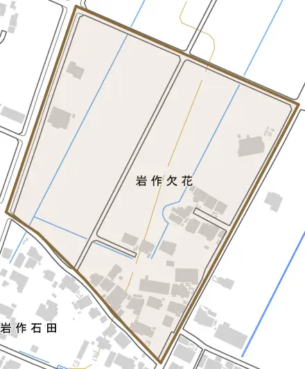 岩作欠花とその周辺の地図。町の範囲を重ねている
