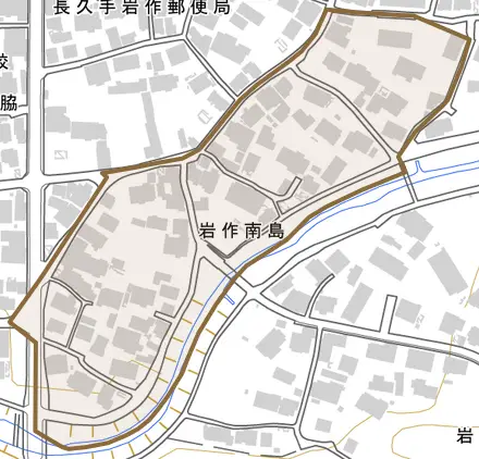 岩作南島とその周辺の地図。町の範囲を重ねている