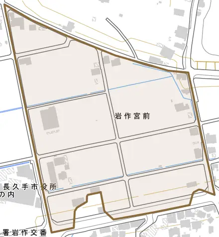 岩作宮前とその周辺の地図。町の範囲を重ねている
