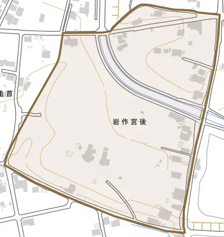 岩作宮後とその周辺の地図。町の範囲を重ねている