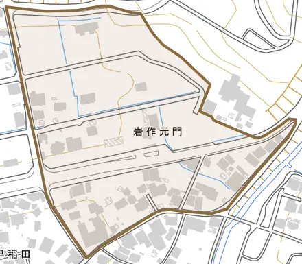 岩作元門とその周辺の地図。町の範囲を重ねている