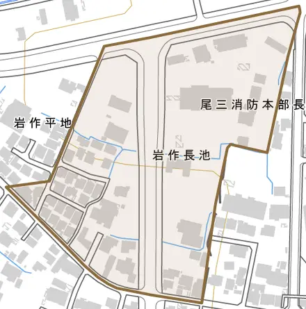 岩作長池とその周辺の地図。町の範囲を重ねている