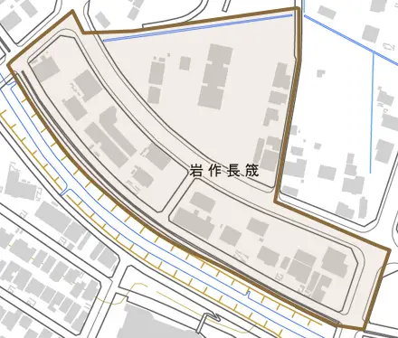 岩作長筬とその周辺の地図。町の範囲を重ねている
