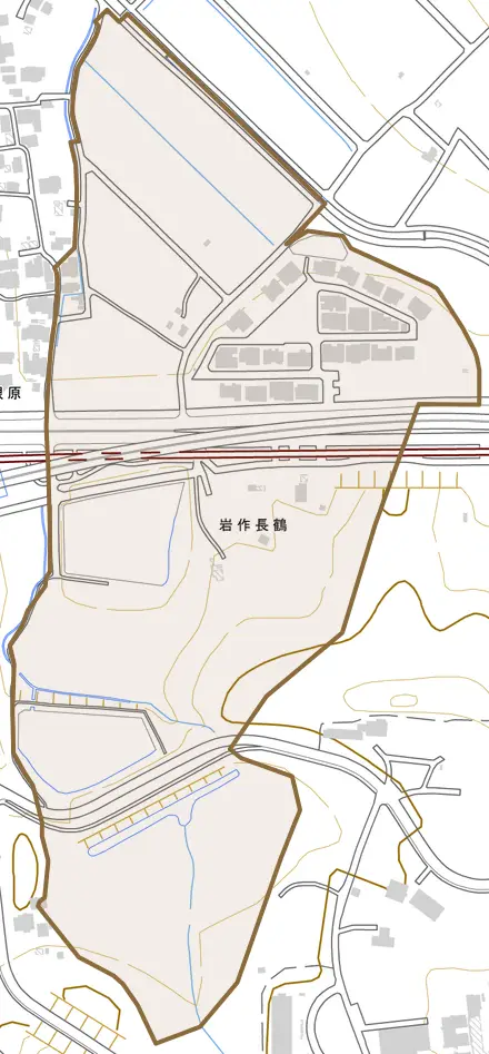 岩作長鶴とその周辺の地図。町の範囲を重ねている
