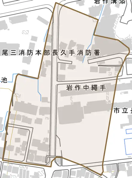 岩作中縄手とその周辺の地図。町の範囲を重ねている