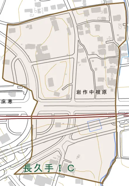 岩作中根原とその周辺の地図。町の範囲を重ねている
