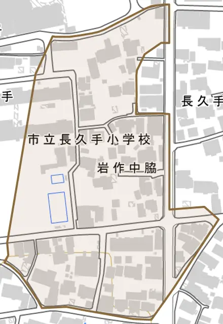 岩作中脇とその周辺の地図。町の範囲を重ねている
