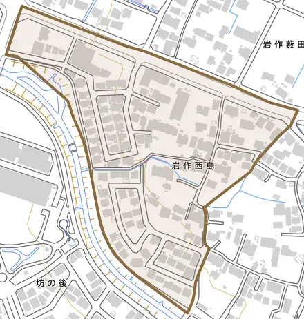 岩作西島とその周辺の地図。町の範囲を重ねている