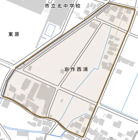 岩作西浦とその周辺の地図。町の範囲を重ねている