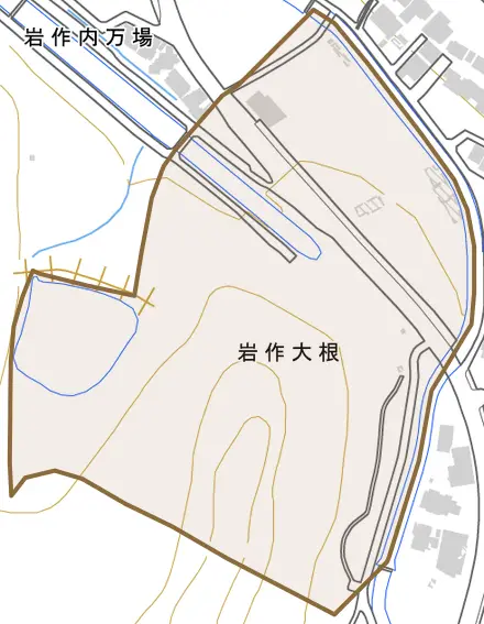 岩作大根とその周辺の地図。町の範囲を重ねている