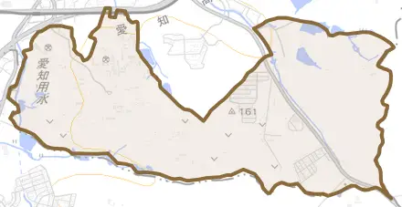 岩作三ケ峯とその周辺の地図。町の範囲を重ねている