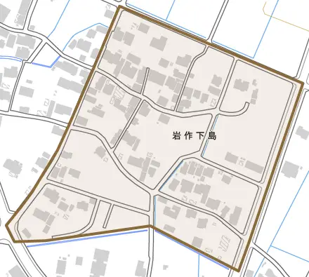 岩作下島とその周辺の地図。町の範囲を重ねている