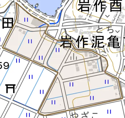 岩作白針とその周辺の地図。町の範囲を重ねている