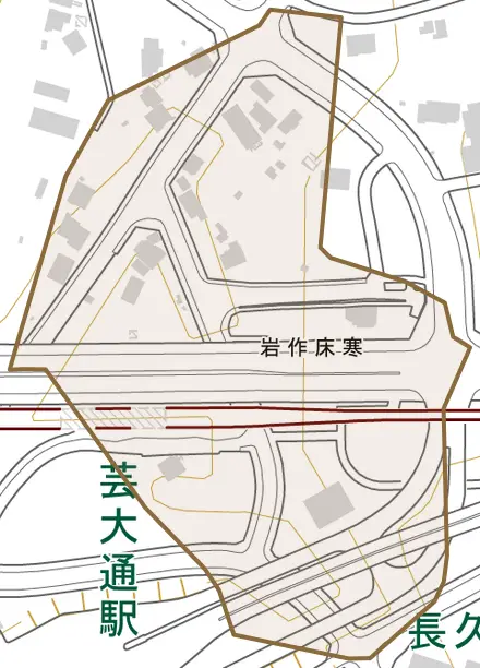 岩作床寒とその周辺の地図。町の範囲を重ねている