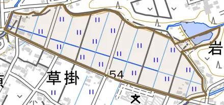 岩作浮江とその周辺の地図。町の範囲を重ねている
